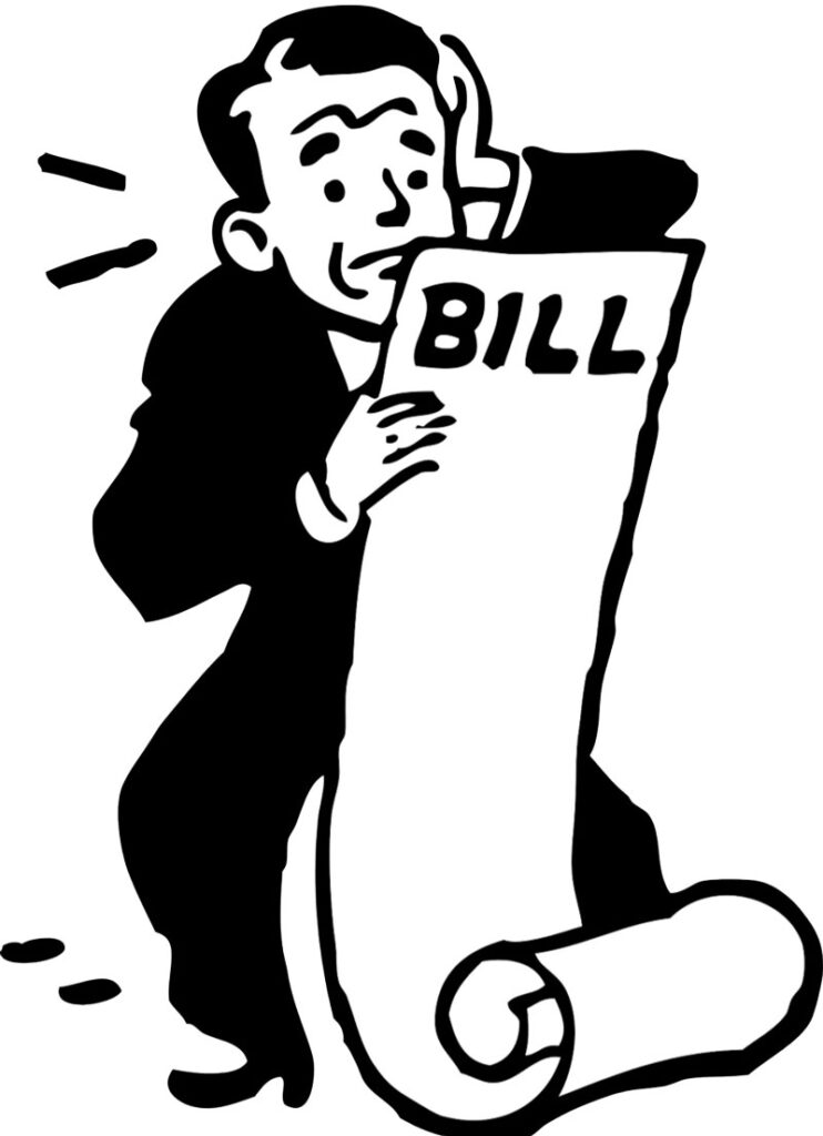 An illustration of a man holding his head in shock while looking at a paper bill in his hands