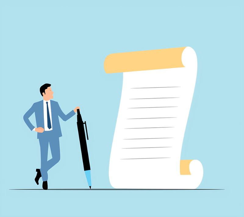 An illustration of a man standing next to an abnormally large piece of paper holding an abnormally large pen