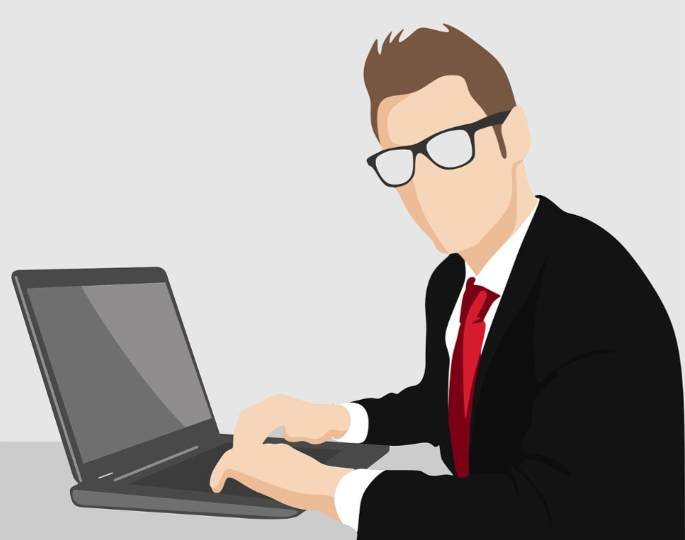 An illustration of a business man in glasses looking at camera and typing on laptop