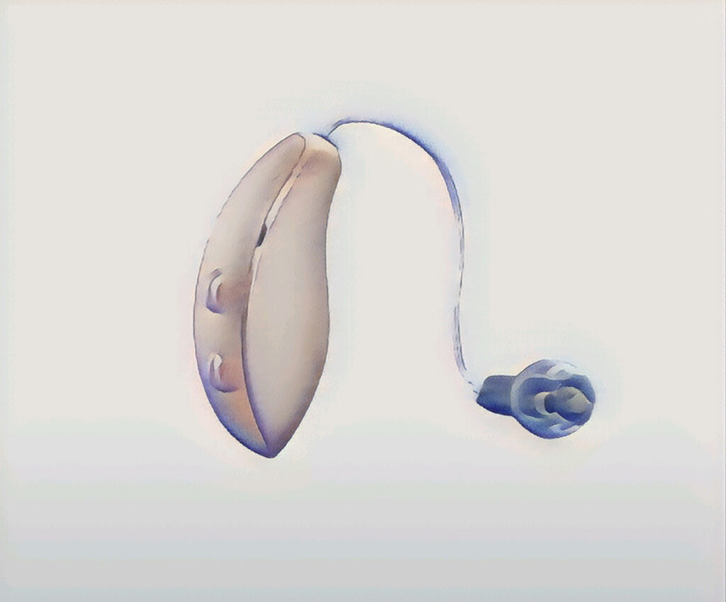 a watercolor-style graphic of a hearing aid device