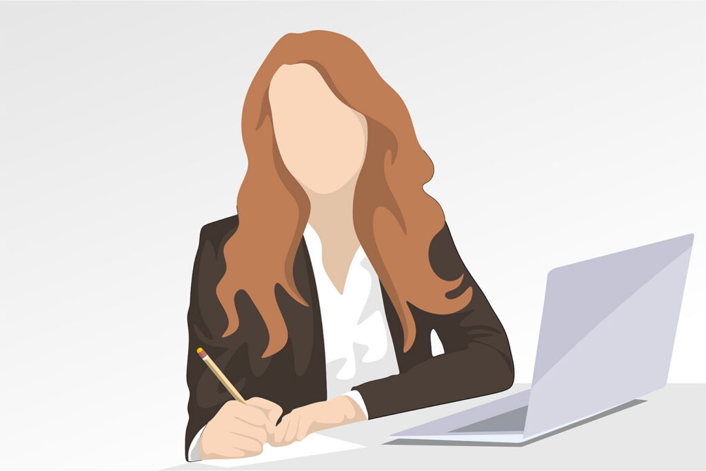illustration graphic of a woman sitting at a desk with a laptop and writing notes on paper